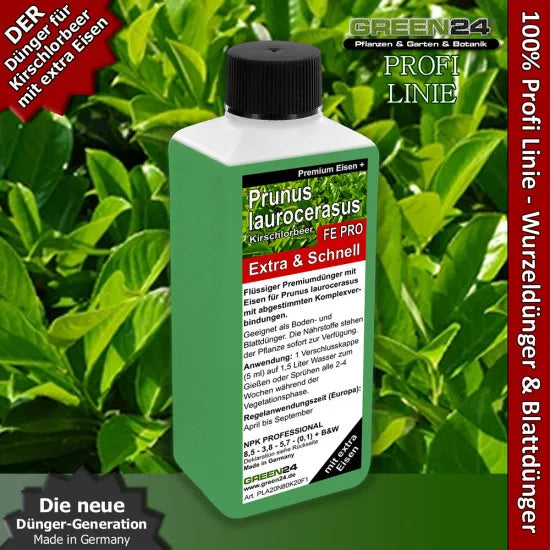 Prunus laurocerasus Extra + Eisen Spezial Kirschlorbeer Dünger FE PRO 250ml – Produkt und Anwendung