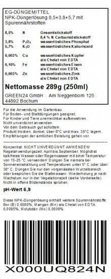 Prunus laurocerasus Extra + Eisen Spezial Kirschlorbeer Dünger FE PRO 250ml – Rückansicht und Produktangaben