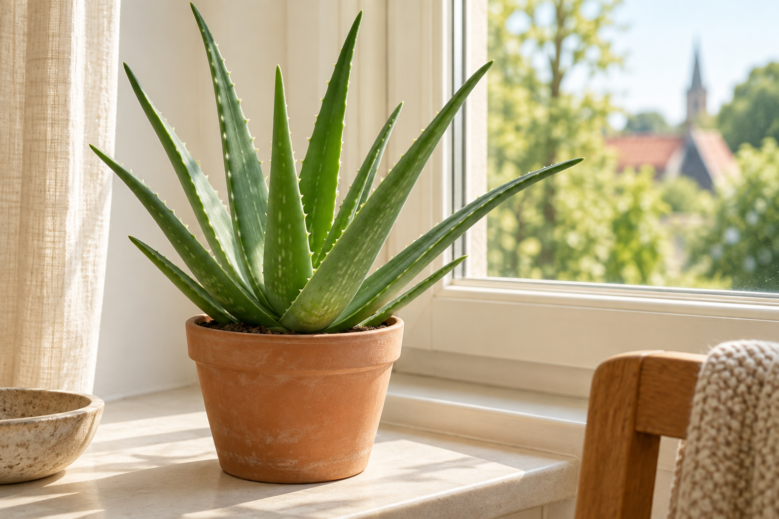 Aloe vera with fleshy green rosette leaves in a terracotta pot beside a window
