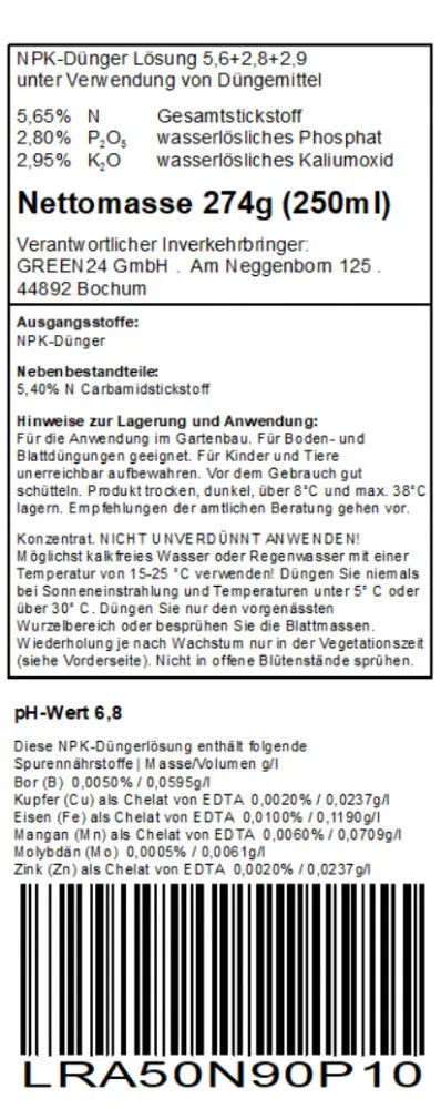 GREEN24 Lavendel- & Rosmarin-Dünger · 250 ml · Original-Rücketikett mit Deklaration und Anwendung