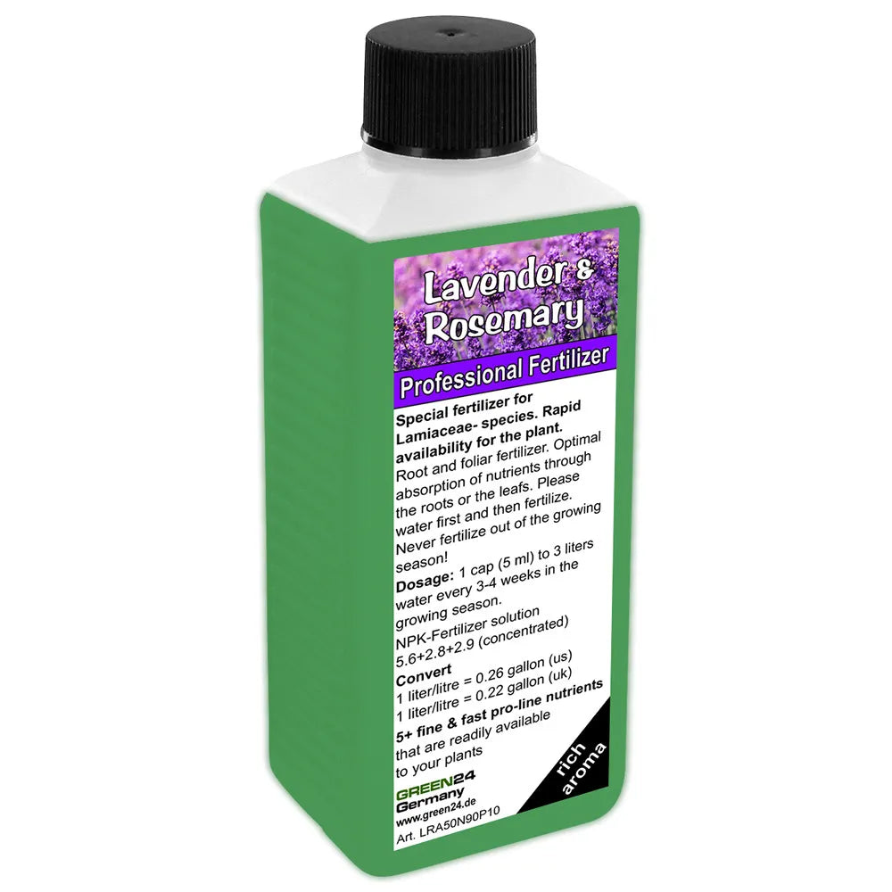 GREEN24 Lavendel- & Rosmarin-Dünger · 250 ml · Vorderetikett und Produktflasche · englische Fassung