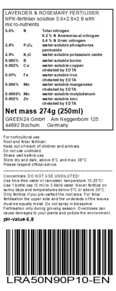 GREEN24 Lavendel- & Rosmarin-Dünger · 250 ml · Original-Rücketikett mit Deklaration und Anwendung · englische Fassung
