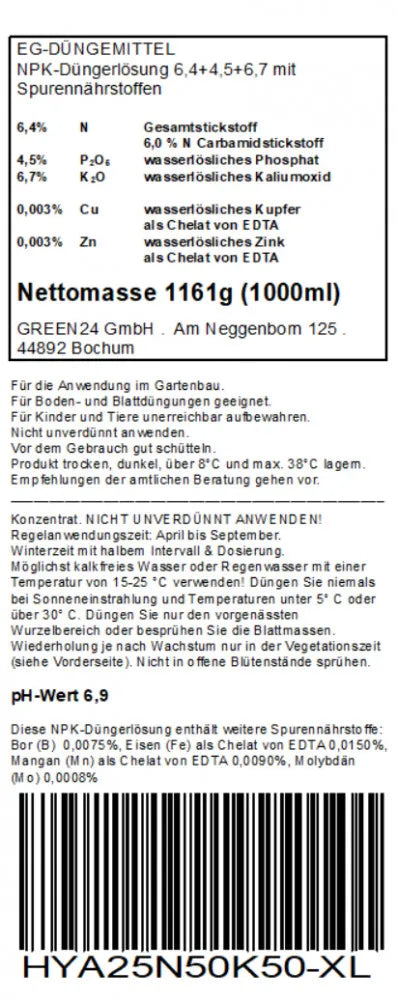 Hydrokultur-Dünger 1 Liter, Rückdeklaration
