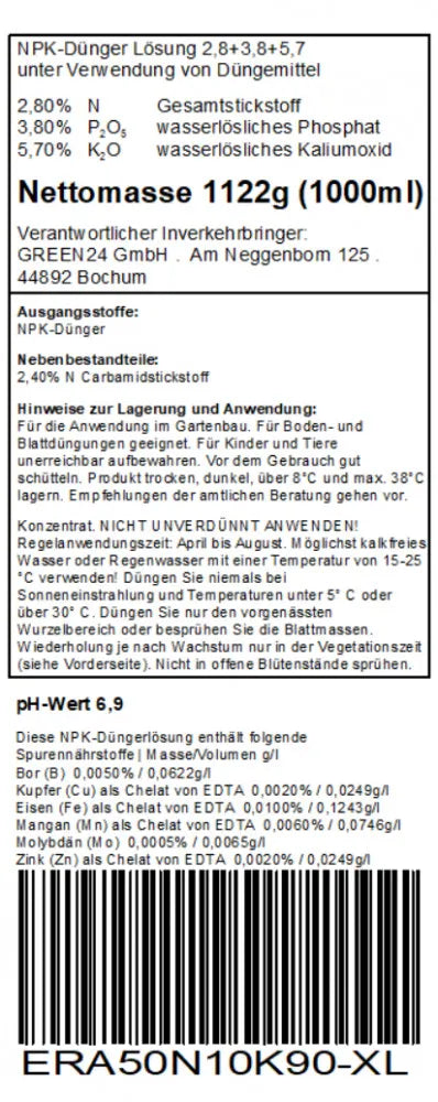 GREEN24 Erdbeer-Dünger · 1 Liter · Original-Rücketikett mit Deklaration und Anwendung