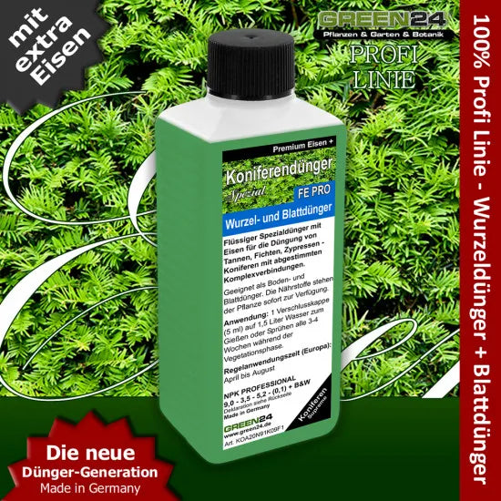 Spezial Koniferen-Dünger FE Pro 250ml für Tannen, Fichten, Kiefern, Zypressen mit extra Eisen – Produkt und Anwendung
