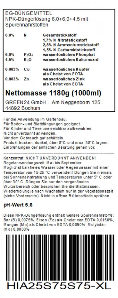 GREEN24 Hibiskus-Dünger · 1 Liter · Original-Rücketikett mit Deklaration und Anwendung