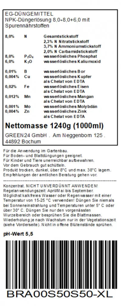 GREEN24 Engelstrompeten-Dünger · 1 Liter · Original-Rücketikett mit Deklaration und Anwendung