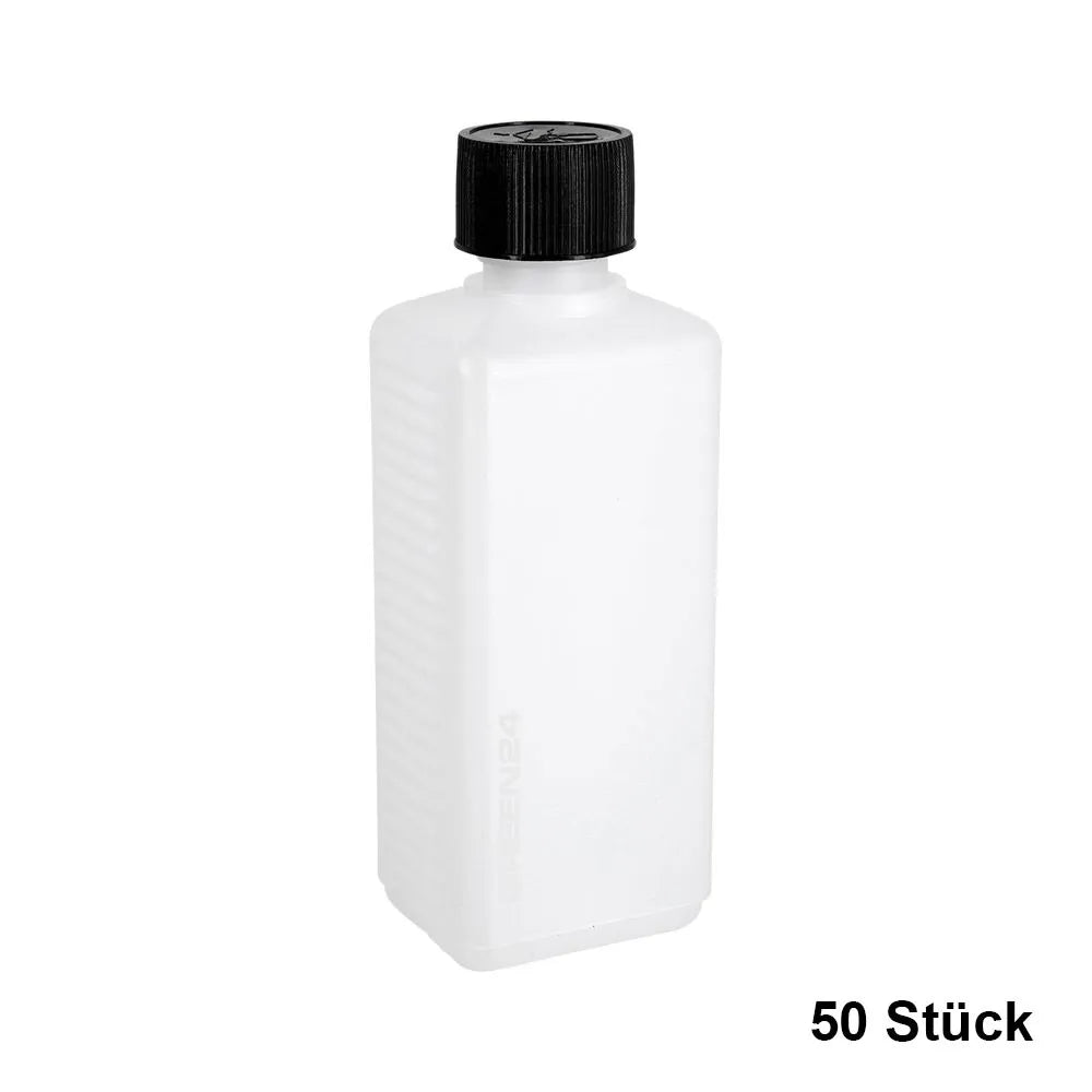 50 rectangular 250 ml bottles with black push-and-turn caps