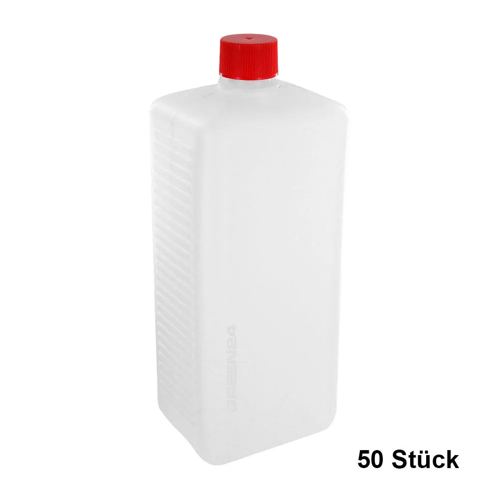 50 rectangular 1,000 ml bottles with red screw caps