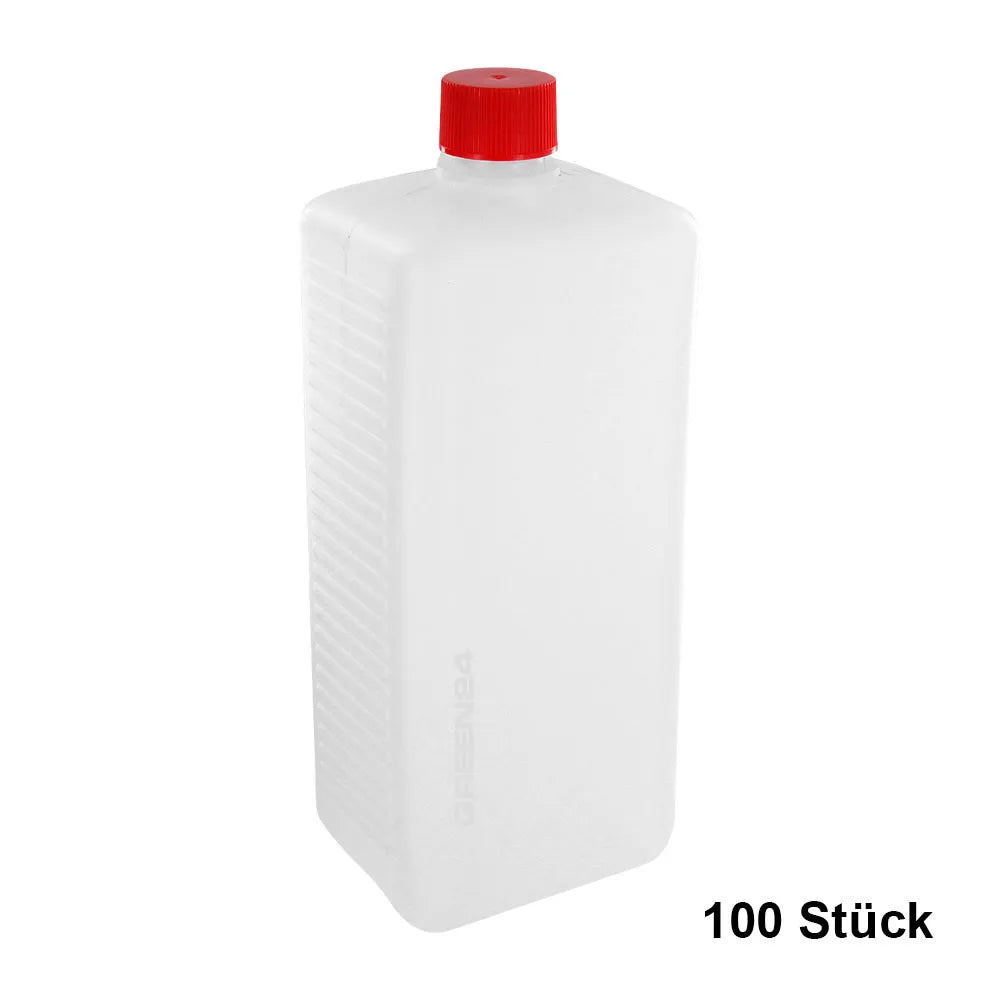 100 rectangular 1,000 ml bottles with red screw caps