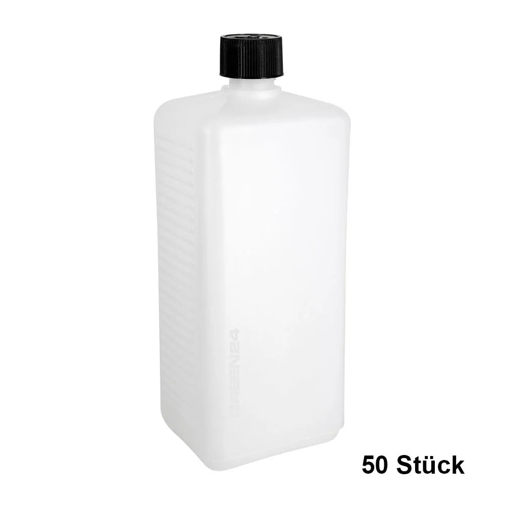 50 rectangular 1,000 ml bottles with black push-and-turn caps
