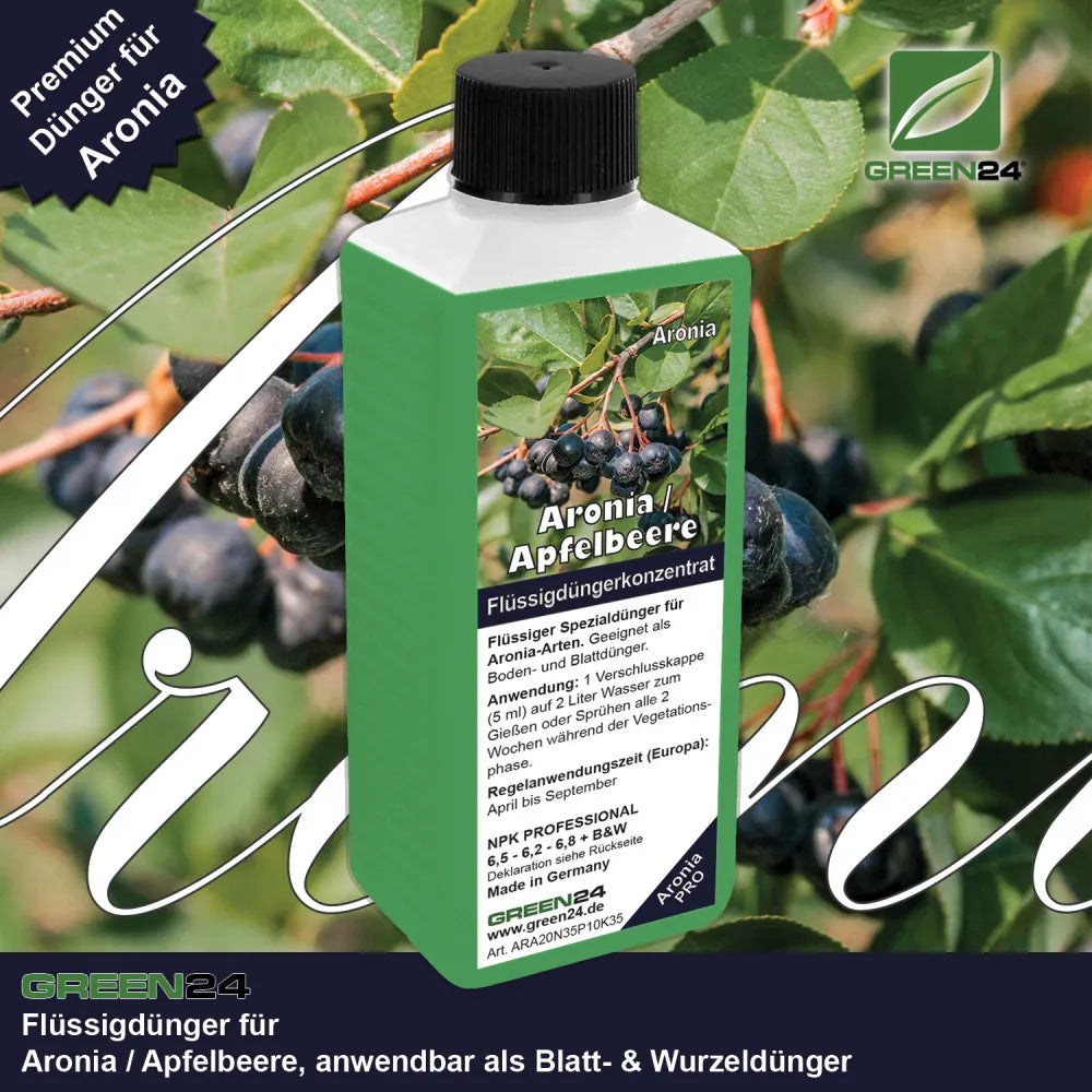 GREEN24 Aronia-Dünger 250 ml – Produktansicht mit Aroniabeeren