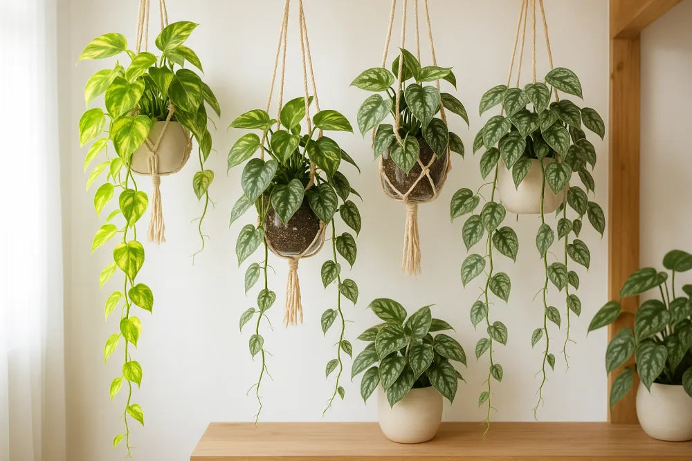 Epipremnum and Scindapsus in hanging and standing containers beside a window