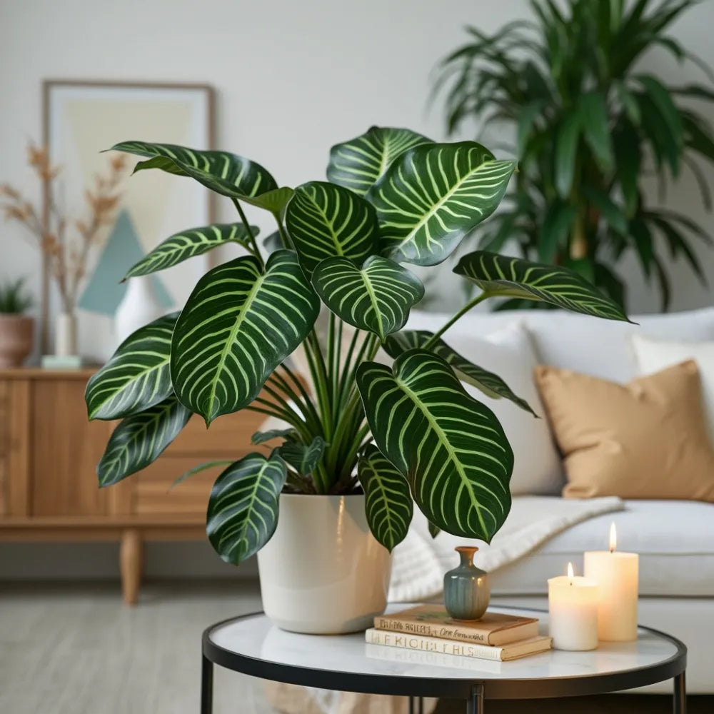 Calathea with distinctly patterned leaves in a bright living space