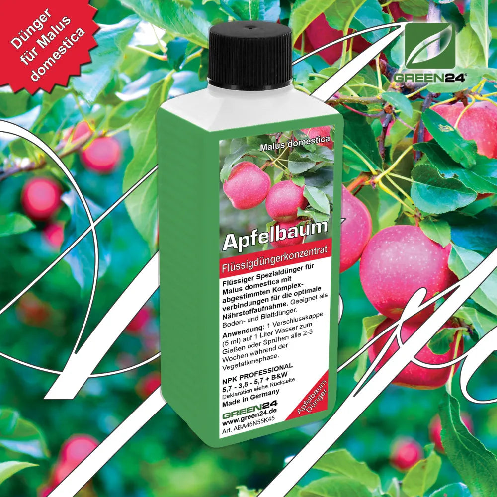 GREEN24 Apfelbaum-Dünger 250 ml – Produktansicht mit Apfelbaum