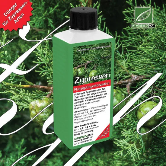 Zypressen-Dünger – Flüssigdünger für Cupressus, Cupressocyparis und weitere Arten 250ml – Produkt und Anwendung