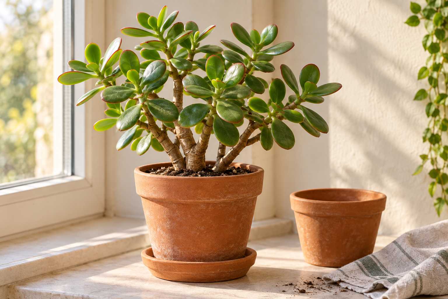 Jade plant with fleshy oval leaves and woody stems beside a window
