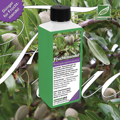 GREEN24 Fruchtmandel-Dünger 250 ml – Produktansicht mit Pflanze