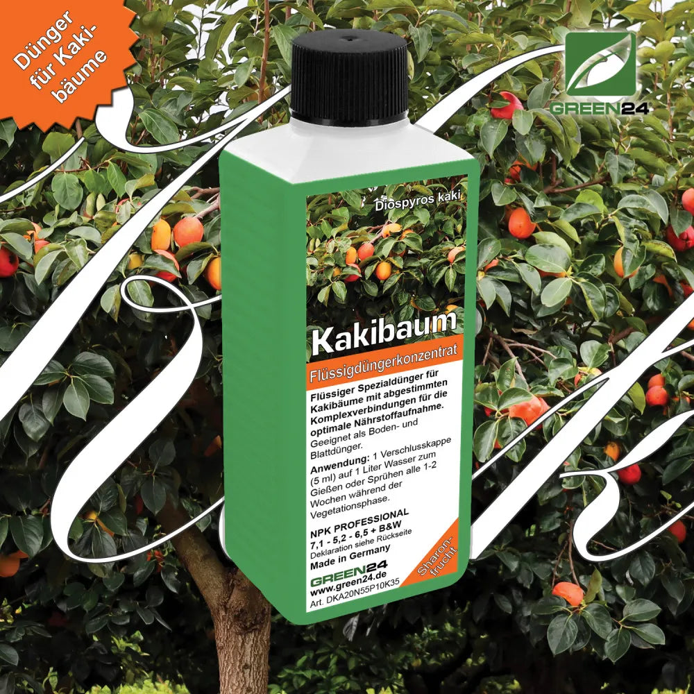 GREEN24 Kakibaum-Dünger 250 ml – Produktansicht mit Pflanze