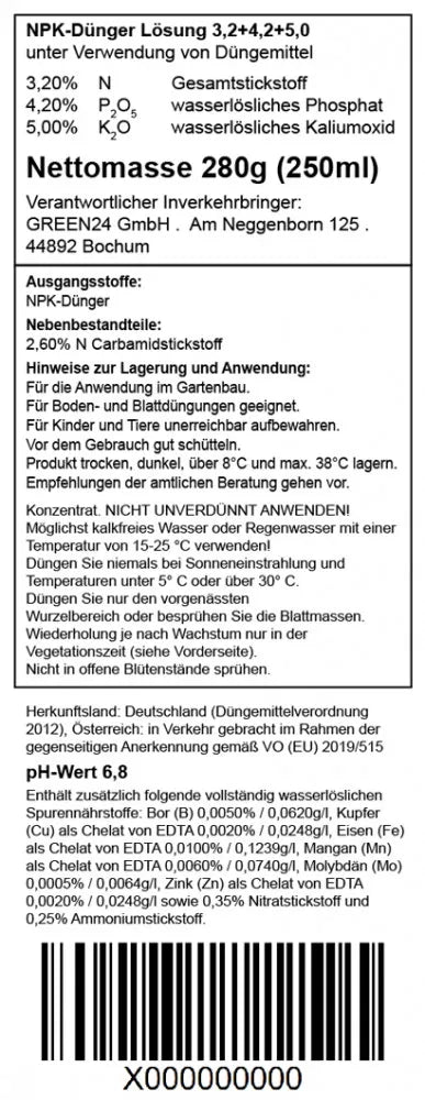Deutsche Original-Rückdeklaration: Schisandra-Dünger, NPK 3,2–4,2–5,0, 250 ml