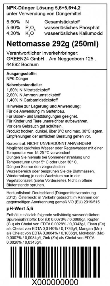 Rückseitendeklaration Pfingstrosen-Dünger Pro