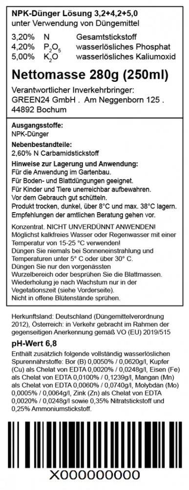 Deutsche Original-Rückdeklaration: Blutpflaumen- und Kirschpflaumen-Dünger, NPK 3,2–4,2–5,0, 250 ml
