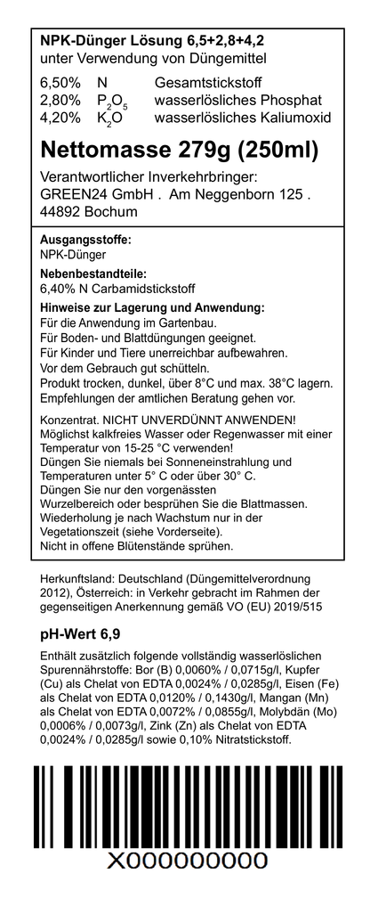 Zierspargel-Dünger – vollständiges Original-Rücketikett