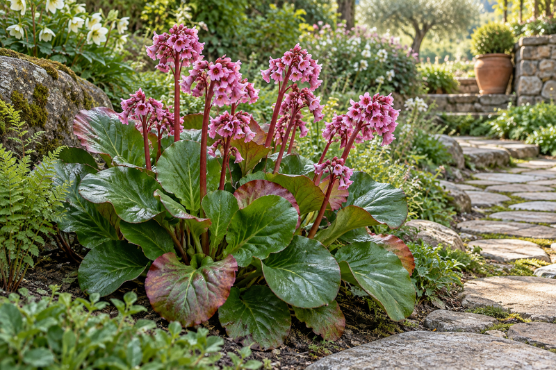 Bergenie mit lederartigen Blättern und rosa Blütenständen