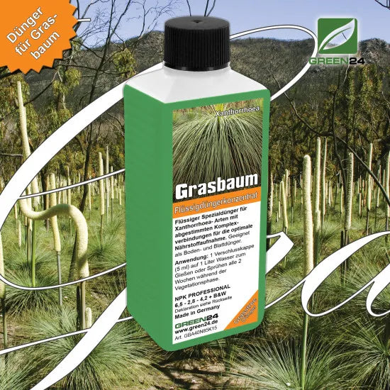 Grasbaum Xanthorrhoea – Dünger 250 ml Mineralischer NPK Flüssigdünger mit Spurenelementen für Yacca / Blackboy / Grasstree (Xanthorrhoea spp.) – Anzucht, Jungpflanzen, Zuwachs, Blüte & Frucht – Produkt und Anwendung