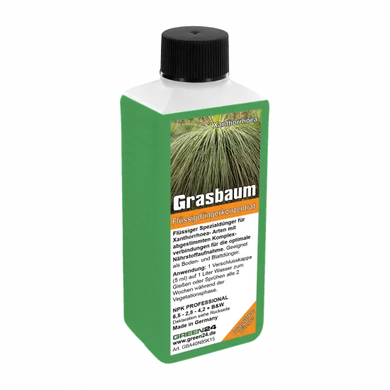 Grasbaum Xanthorrhoea – Dünger 250 ml Mineralischer NPK Flüssigdünger mit Spurenelementen für Yacca / Blackboy / Grasstree (Xanthorrhoea spp.) – Anzucht, Jungpflanzen, Zuwachs, Blüte & Frucht – Produktansicht