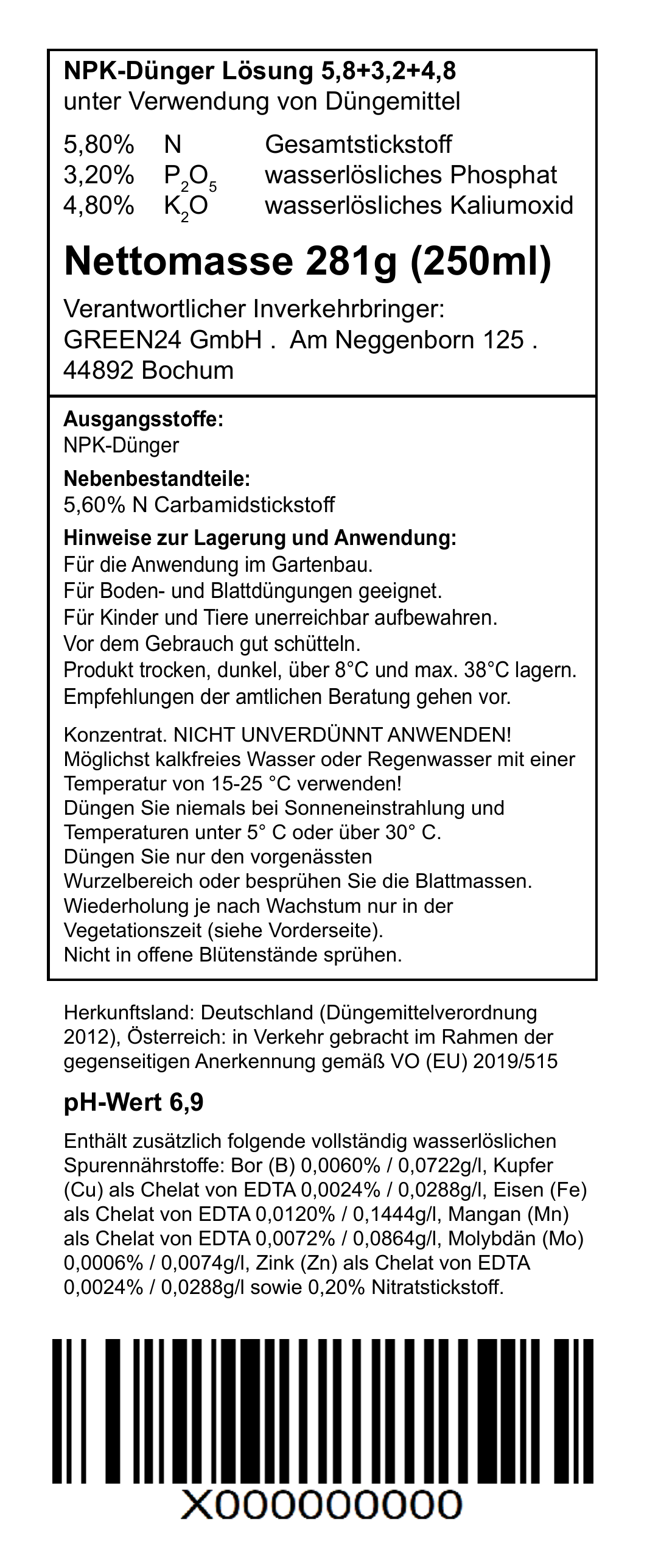 Dattelpalmen-Dünger – vollständiges Original-Rücketikett
