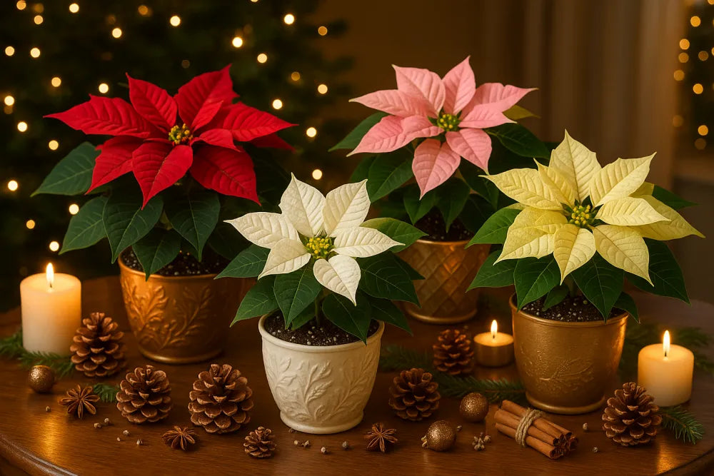 Poinsettias with red, pink and cream bracts in decorative pots