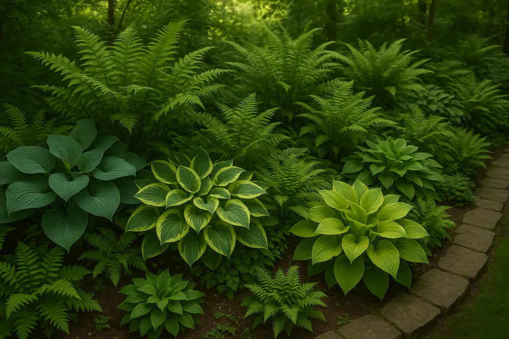 Funkien mit verschiedenfarbigen Blättern zwischen Gartenfarnen