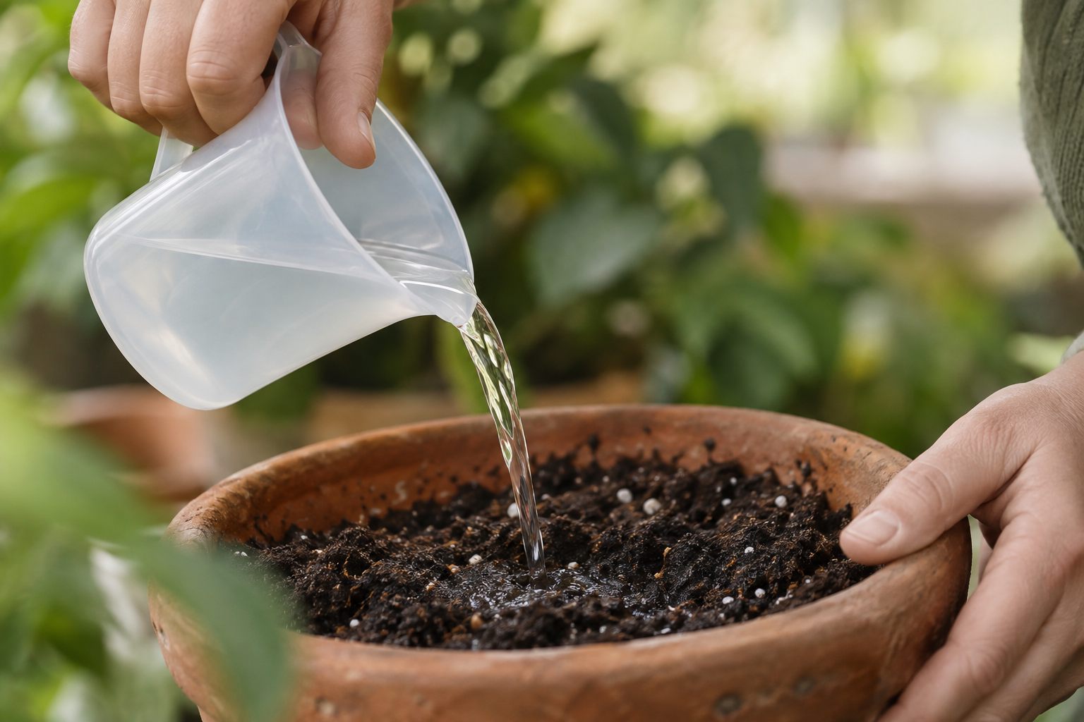 Applying the prepared nutrient solution to the growing medium