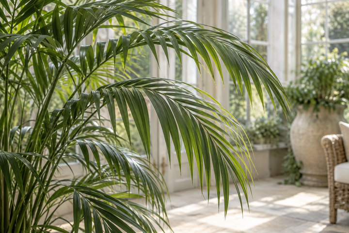 Close-up of arching green palm fronds with narrow leaflets in window light.