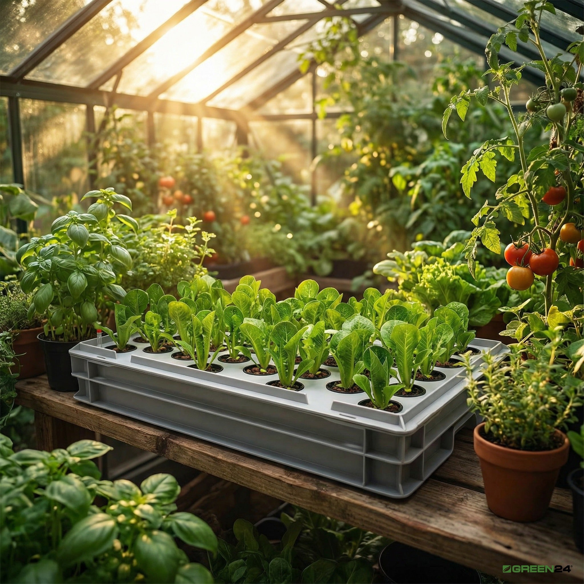 Growing example: young lettuce plants in an Aqua 36 system in a greenhouse