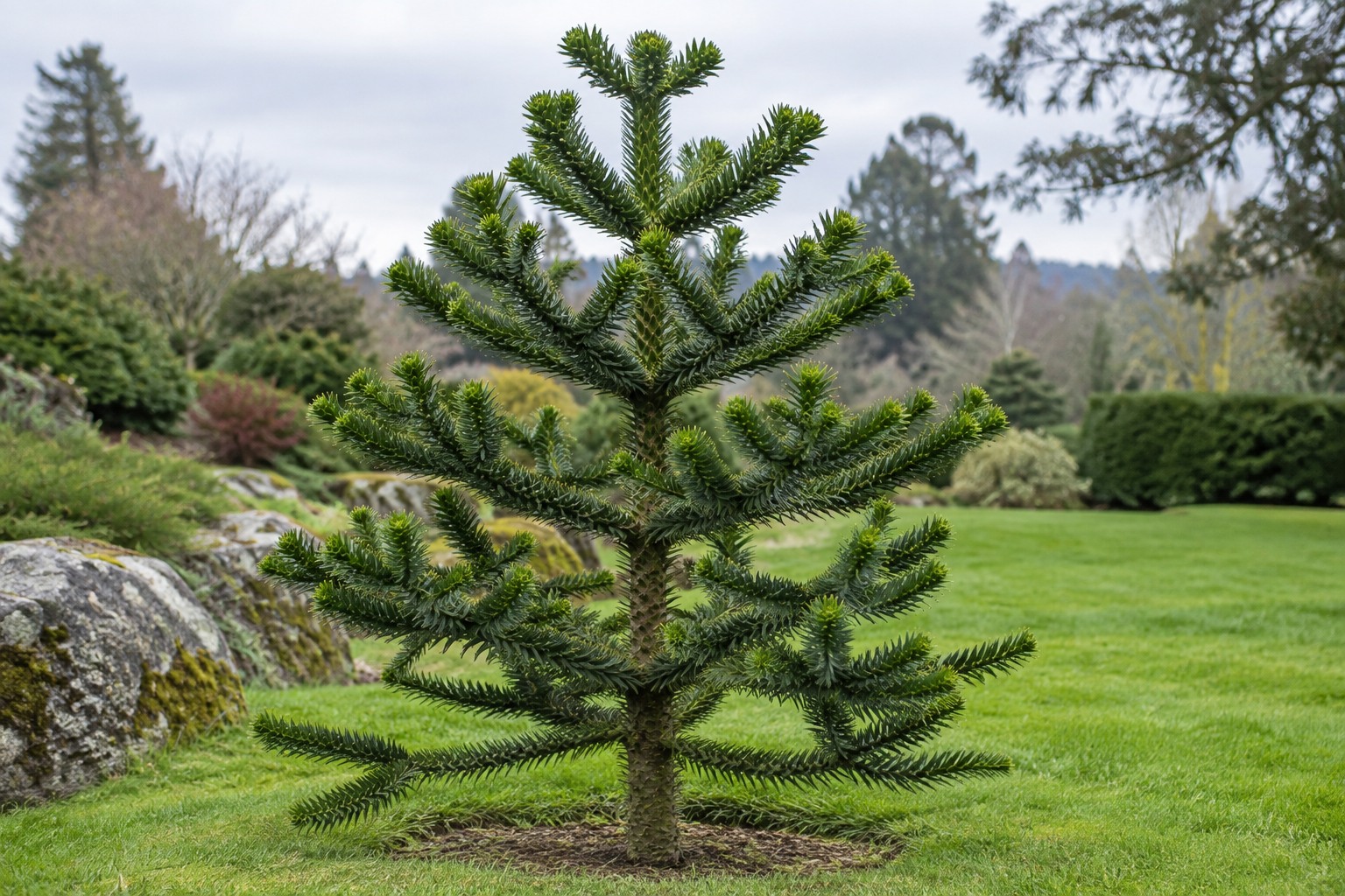 Young monkey puzzle tree with whorled branches and pointed scale-like leaves in a garden