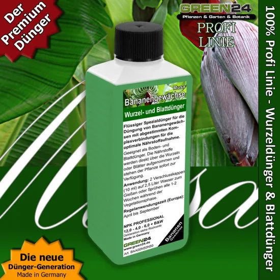 Bananen-Dünger 250 ml vor Bananenblättern