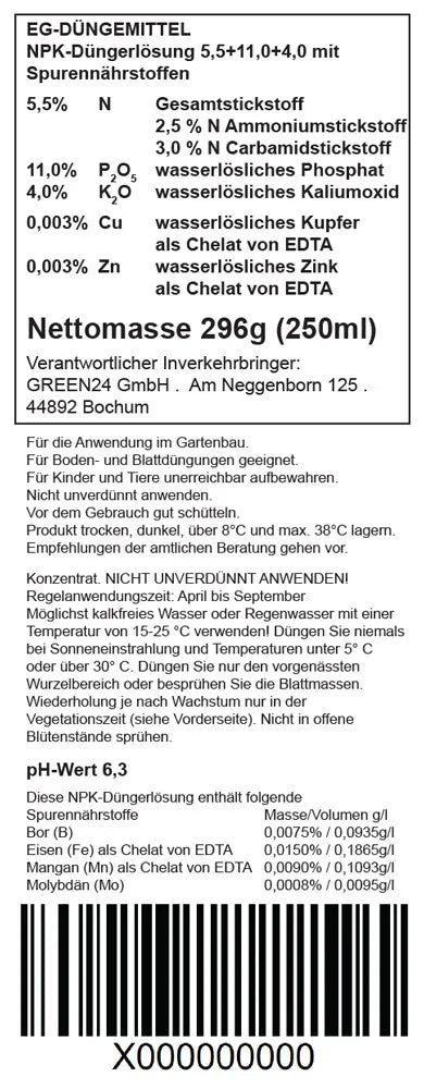 Rückseitendeklaration Zwergpalmen-Dünger
