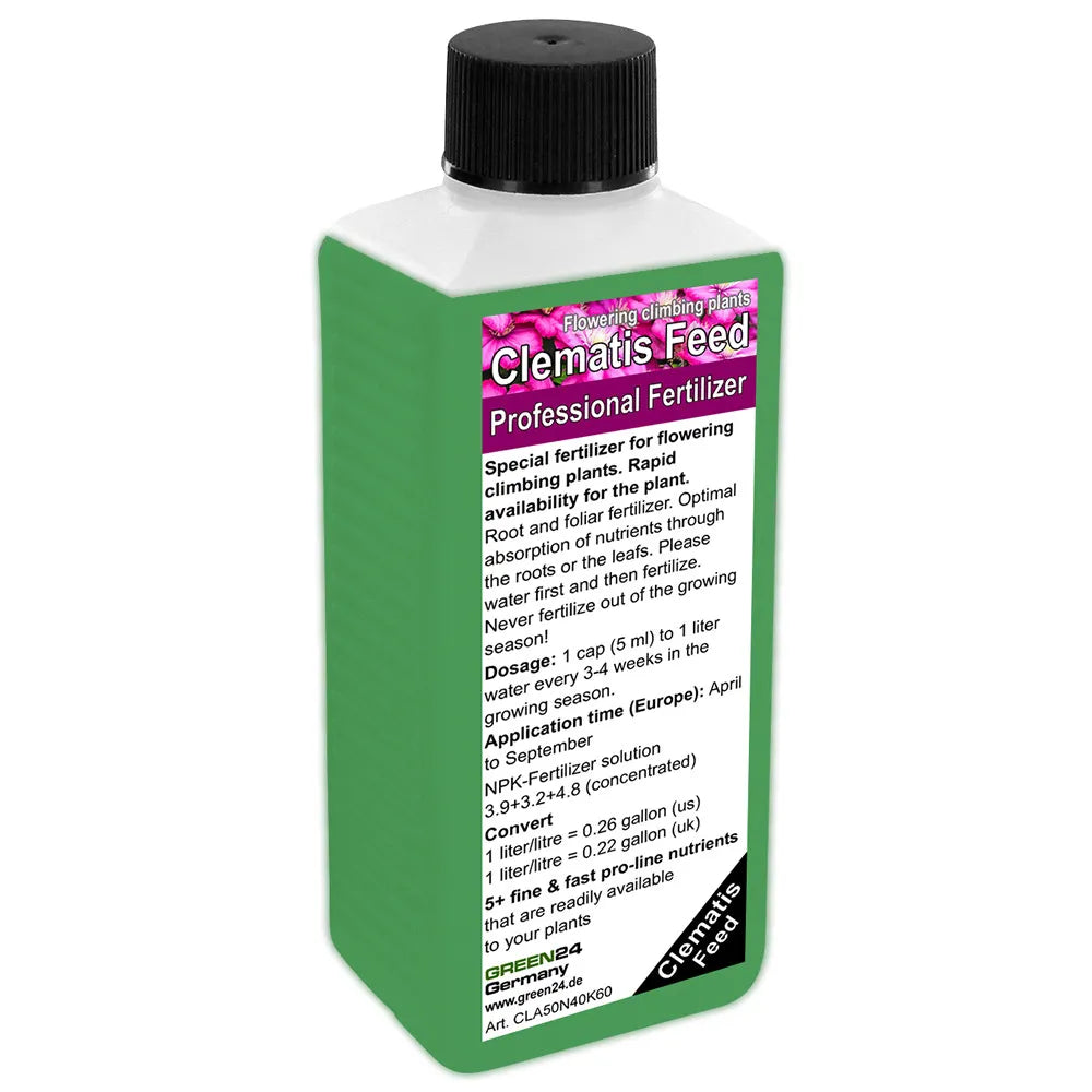 Originales englisches Vorderetikett des GREEN24 Clematis-Düngers, 250 ml.