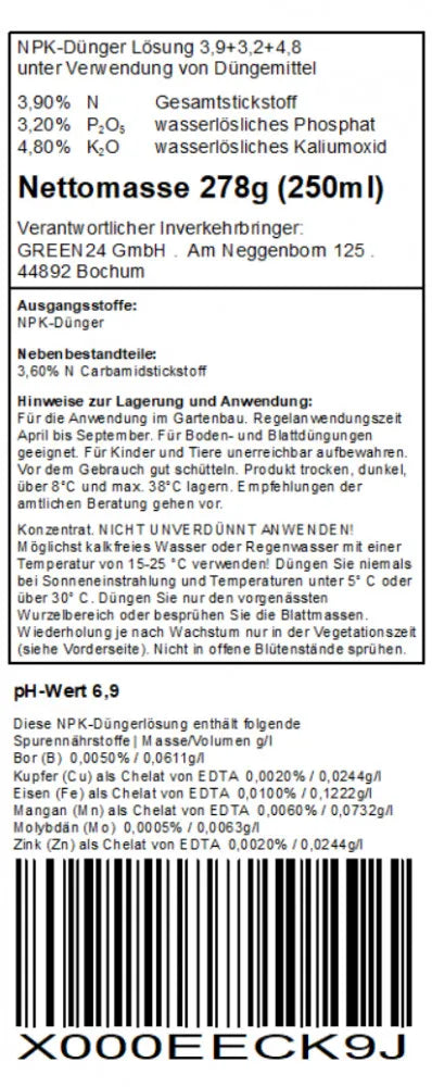 Originales deutsches Rücketikett des GREEN24 Clematis-Düngers, 250 ml.