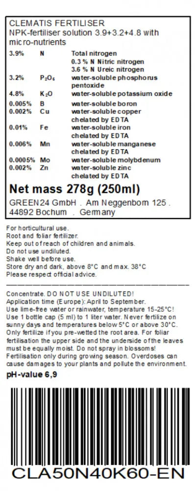 Originales englisches Rücketikett des GREEN24 Clematis-Düngers, 250 ml.