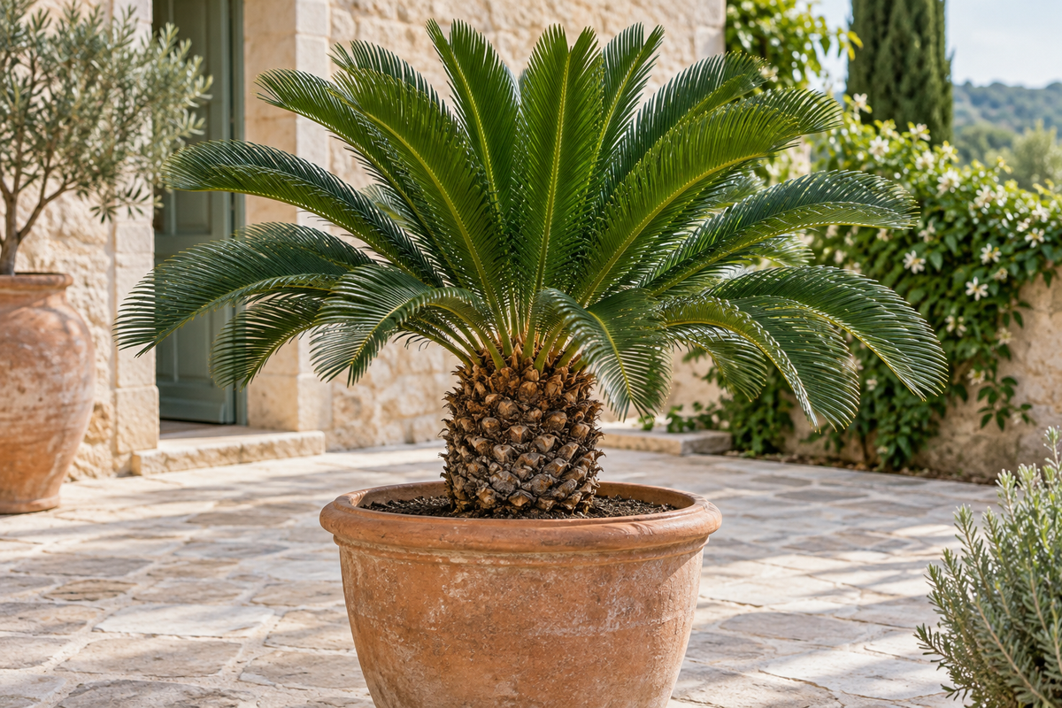 Cycas revoluta mit gefiederten Wedeln im Terrakottakübel
