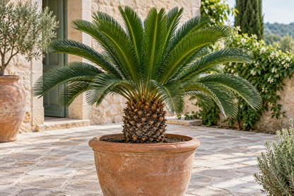 Cycas revoluta mit gefiederten Wedeln im Terrakottakübel