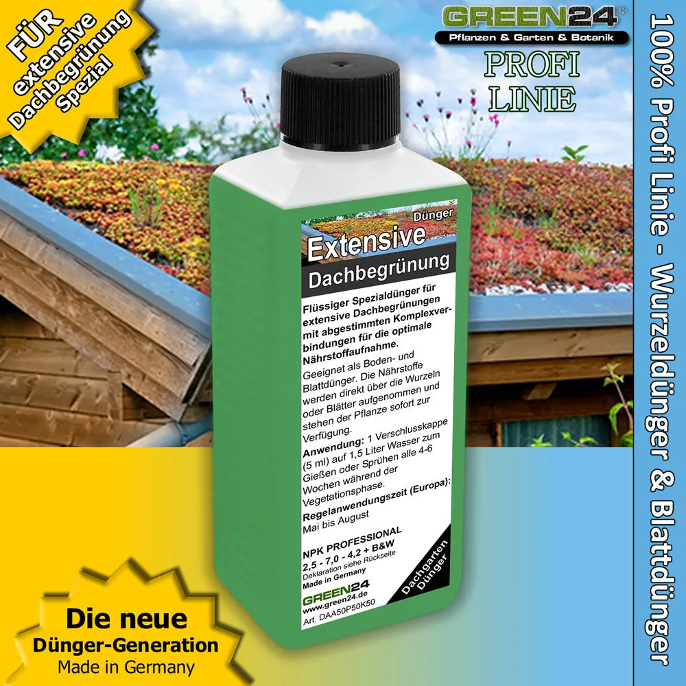 Original Green Roof Fertiliser design in front of a planted roof