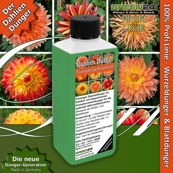 Dahlien-Dünger 250 ml vor Dahlienblüten