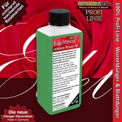 Edelrosen- und Beetrosen-Dünger 250 ml vor roter Rose