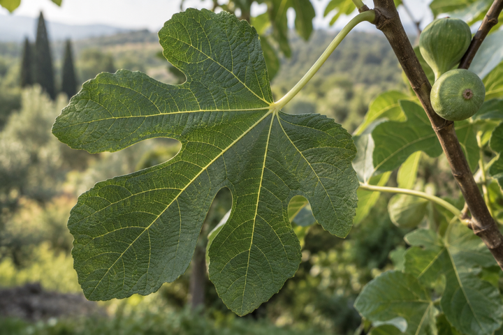Large lobed fig leaf with clearly visible veins beside two green figs on a branch.