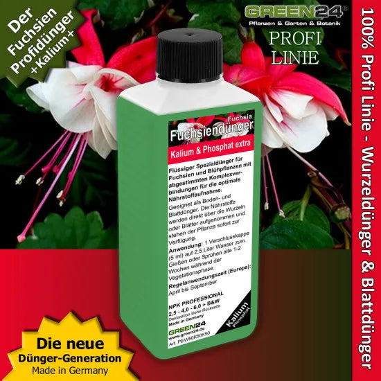 Fuchsien-Dünger 250 ml vor Fuchsienblüten