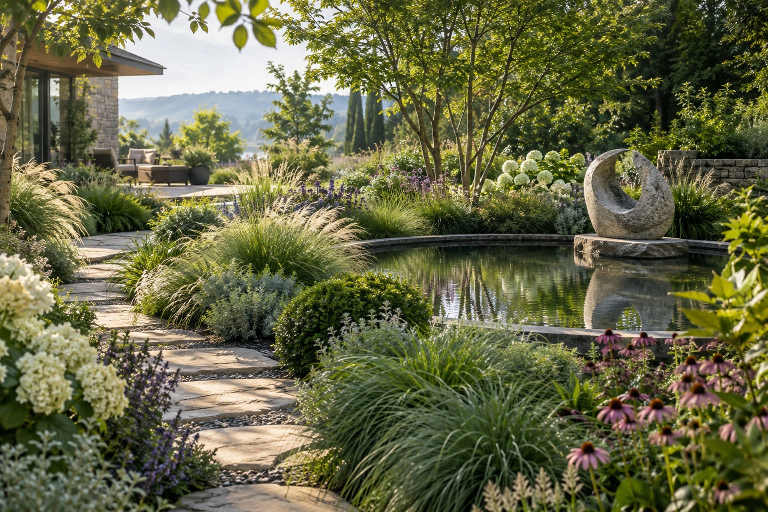 Garden concept with lush planting, a natural stone path, a still pool of water and an abstract stone sculpture